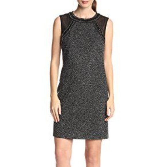Donna Morgan Sleeveless Embellished Neck Metallic Boucle Tweed Dress 12 NWT - Picture 1 of 10